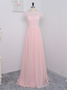 Nice Baby Pink Zipper Scoop Lace Quinceanera Court Dresses Chiffon Cap Sleeves