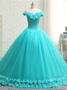 Captivating Aqua Blue Sleeveless Tulle Court Train Lace Up Sweet 16 Quinceanera Dress for Military Ball and Sweet 16 and Quinceanera