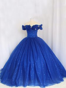 Fantastic Royal Blue Ball Gowns Hand Made Flower Sweet 16 Dress Lace Up Tulle Cap Sleeves Floor Length