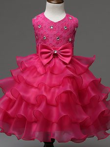 Eye-catching Hot Pink Sleeveless Knee Length Lace and Ruffled Layers and Bowknot Zipper Child Pageant Dress