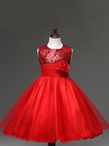 Charming Red Little Girl Pageant Gowns Wedding Party with Sequins and Hand Made Flower Scoop Sleeveless Zipper