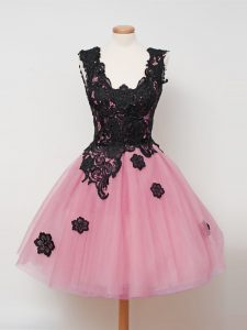 Ideal Pink Ball Gowns Straps Sleeveless Tulle Knee Length Zipper Lace Quinceanera Dama Dress