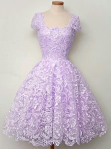 New Arrival Lavender Lace Lace Up Straps Cap Sleeves Knee Length Vestidos de Damas Lace