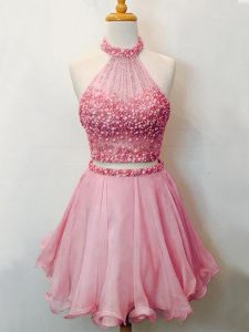 Romantic Pink Two Pieces Organza Halter Top Sleeveless Beading Knee Length Lace Up Vestidos de Damas