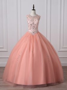 Elegant Peach Zipper Quinceanera Dresses Beading Sleeveless Floor Length