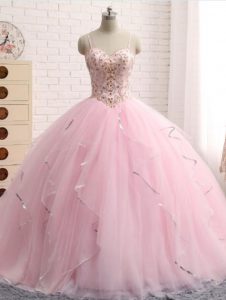 Colorful Beading and Ruffles 15 Quinceanera Dress Baby Pink Lace Up Sleeveless Brush Train