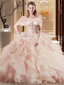 Chic Peach Scoop Lace Up Beading and Ruffles Quinceanera Gown Brush Train Sleeveless