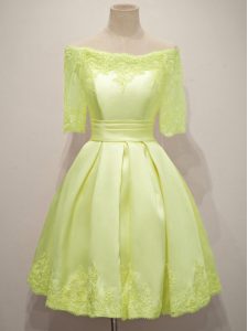 Customized Off The Shoulder Half Sleeves Lace Up Damas Dress Yellow Taffeta