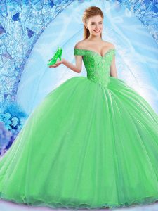 Beading Quinceanera Dress Green Lace Up Sleeveless Brush Train