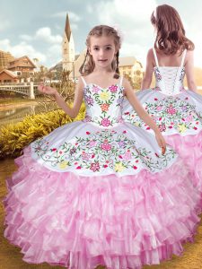 Floor Length Lace Up Little Girl Pageant Dress Rose Pink for Party and Wedding Party with Embroidery and Ruffled Layers