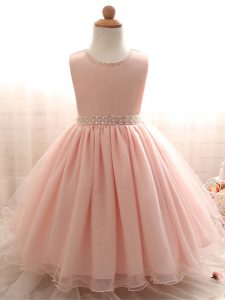 High Quality Sleeveless Organza Floor Length Lace Up Little Girl Pageant Dress in Pink with Beading