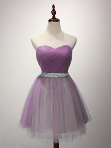 Lilac Sleeveless Mini Length Ruching Lace Up Damas Dress