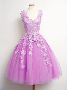 Captivating Knee Length Lace Up Damas Dress Lilac for Prom and Party and Wedding Party with Lace