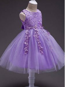 Trendy Lavender Little Girls Pageant Dress Wholesale Wedding Party with Lace and Belt Scoop Sleeveless Zipper