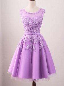 Sleeveless Tulle Knee Length Lace Up Dama Dress for Quinceanera in Lilac with Lace