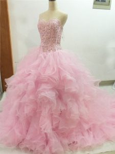 Fitting Baby Pink Ball Gowns Beading and Ruffles Sweet 16 Quinceanera Dress Lace Up Organza Sleeveless