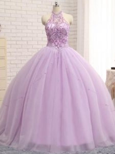 Tulle Halter Top Sleeveless Brush Train Lace Up Beading Quinceanera Gown in Lilac