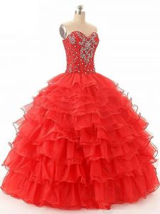 Red Sweet 16 Dresses Sweet 16 and Quinceanera with Beading and Ruffled Layers Sweetheart Sleeveless Lace Up