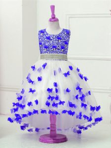 Sleeveless High Low Appliques and Sequins Zipper Pageant Dress Toddler with Blue And White