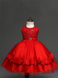 Pretty Red Scoop Neckline Lace and Bowknot Kids Formal Wear Sleeveless Zipper