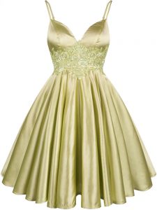 Luxury Elastic Woven Satin Spaghetti Straps Sleeveless Lace Up Lace Dama Dress for Quinceanera in Olive Green