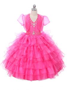 Fancy Hot Pink Ball Gowns Beading and Ruffled Layers Kids Formal Wear Lace Up Organza Sleeveless Floor Length