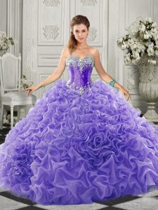 Suitable Lavender Lace Up 15th Birthday Dress Beading and Ruffles Sleeveless Court Train