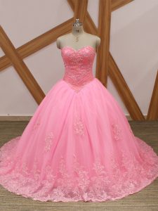 Chic Rose Pink Quinceanera Dresses Sweetheart Sleeveless Brush Train Lace Up