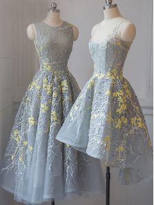 New Style Sleeveless Tea Length Lace Criss Cross Quinceanera Court of Honor Dress with Grey