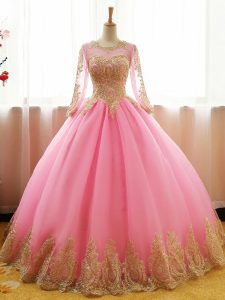 Pink Ball Gowns Appliques 15th Birthday Dress Lace Up Organza Long Sleeves Floor Length