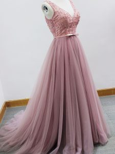 Fantastic V-neck Sleeveless Court Dresses for Sweet 16 Brush Train Beading and Belt Pink Tulle