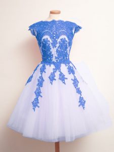 On Sale Blue And White A-line Appliques Quinceanera Court of Honor Dress Lace Up Tulle Sleeveless Knee Length