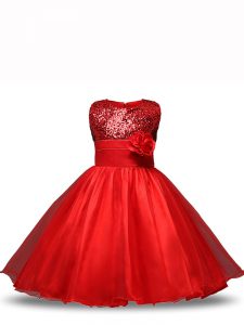 Sleeveless Organza Knee Length Zipper Kids Formal Wear in Red with Sequins and Hand Made Flower