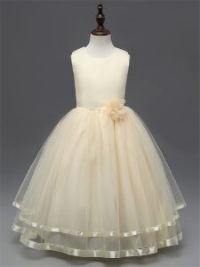 Dazzling Sleeveless Tulle Floor Length Zipper Little Girls Pageant Gowns in Champagne with Hand Made Flower