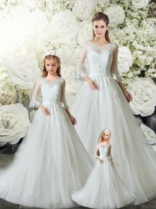 White Zipper V-neck Lace Sweet 16 Dresses Tulle Sleeveless Court Train