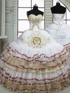 White Lace Up Quinceanera Gowns Beading and Embroidery and Ruffled Layers Sleeveless Floor Length