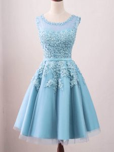 Aqua Blue A-line Lace Dama Dress Zipper Tulle Sleeveless Knee Length