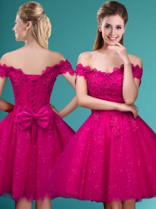 Stylish Knee Length A-line Cap Sleeves Fuchsia Vestidos de Damas Lace Up