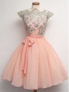 Beauteous Knee Length A-line Cap Sleeves Peach Dama Dress for Quinceanera Zipper