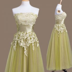 Trendy Tea Length Lace Up Vestidos de Damas Olive Green for Prom and Party and Wedding Party with Appliques