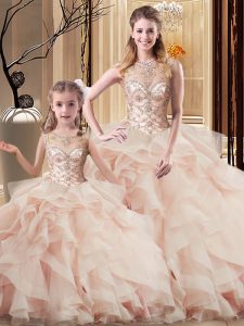 Flirting Peach Ball Gowns Scoop Sleeveless Tulle Brush Train Lace Up Beading and Ruffles Sweet 16 Dresses
