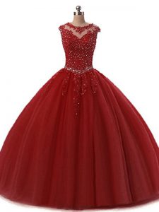 Fantastic Floor Length Lace Up Sweet 16 Dresses Burgundy for Military Ball and Sweet 16 and Quinceanera with Beading and Lace