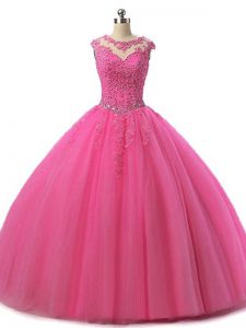 Glittering Scoop Sleeveless Quinceanera Dress Floor Length Beading and Lace Hot Pink Tulle