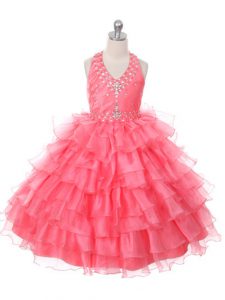 Coral Red Lace Up Halter Top Beading and Ruffled Layers Little Girl Pageant Gowns Organza Sleeveless