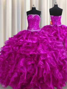 Gorgeous Fuchsia Lace Up Quinceanera Dresses Beading and Ruffles Sleeveless Floor Length