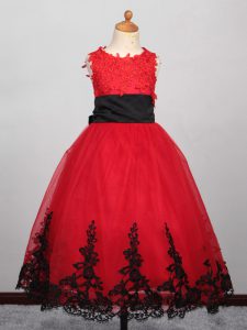 Red Lace Up Child Pageant Dress Appliques Sleeveless Floor Length