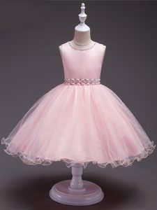 New Arrival Sleeveless Knee Length Beading Zipper Pageant Gowns For Girls with Baby Pink