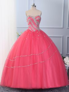 Luxurious Hot Pink Ball Gowns Tulle Sweetheart Sleeveless Beading Floor Length Lace Up Quinceanera Gowns