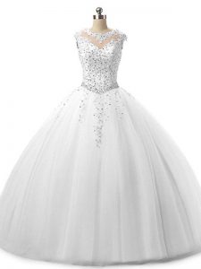 White Tulle Lace Up Scoop Sleeveless Floor Length Quinceanera Gown Beading and Lace