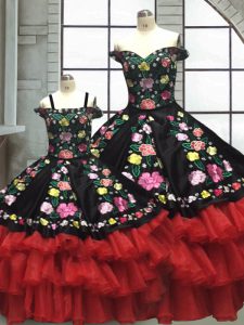 Red And Black Ball Gowns Organza and Taffeta Off The Shoulder Sleeveless Embroidery and Ruffled Layers Floor Length Lace Up Quince Ball Gowns